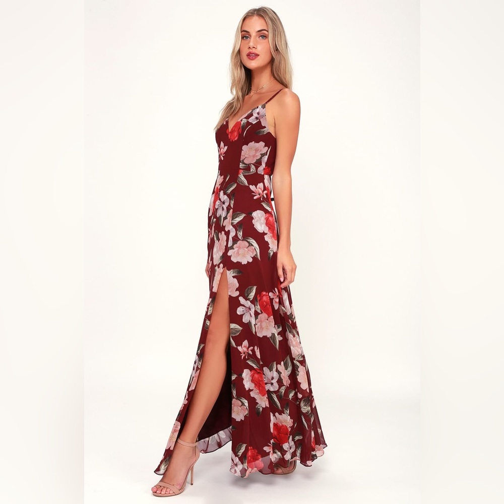 Into Bloom Burgundy Floral Print Maxi Dress